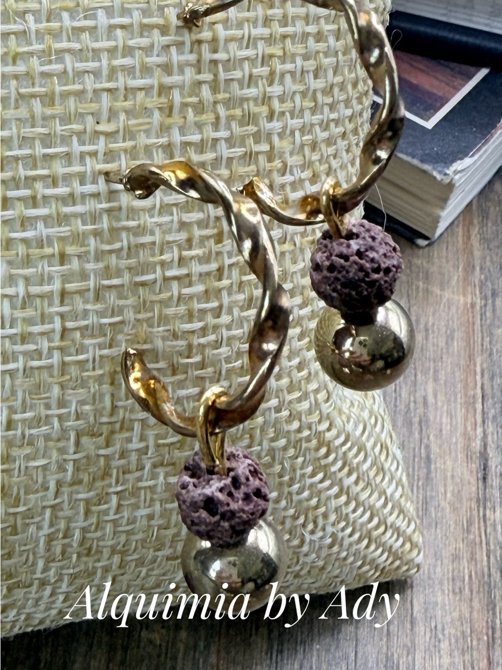 Alquimia Gold-Tone Twisted Hoop Earrings with Mauve Lava Beads